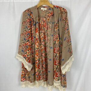Umgee Floral Cottage Core Open Front Lace Trim Shrug Kimono 1X/ 2X